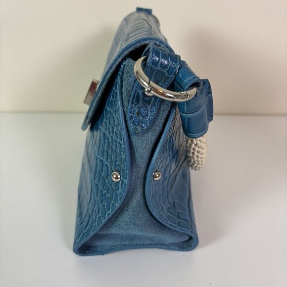 Claudia Firenze Teal Leather Croc-Embossed Handbag Rope Handle Chic Purse Italy - Picture 3 of 16